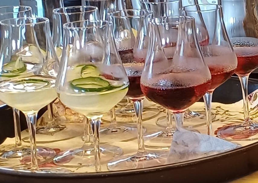 Verkostungsgläser mit Gin und Bränden auf Tablett